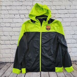 FC Barcelona Mens Full Zip Hooded Track Jacket Grey Neon Green Large FCB Soccer